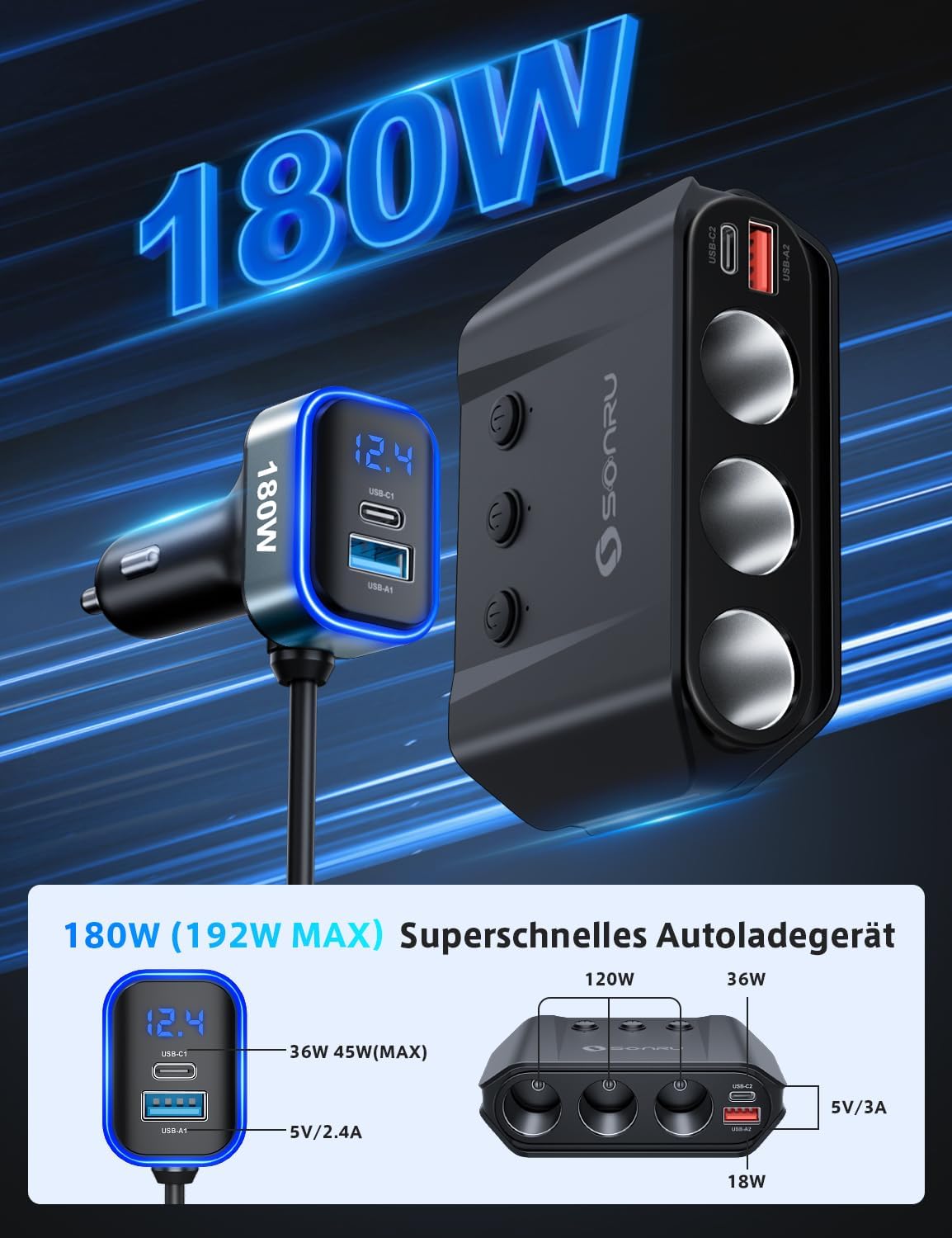 Thumbnail 1 de SONRU 7 in 1 Zigarettenanzünder Verteiler 180W