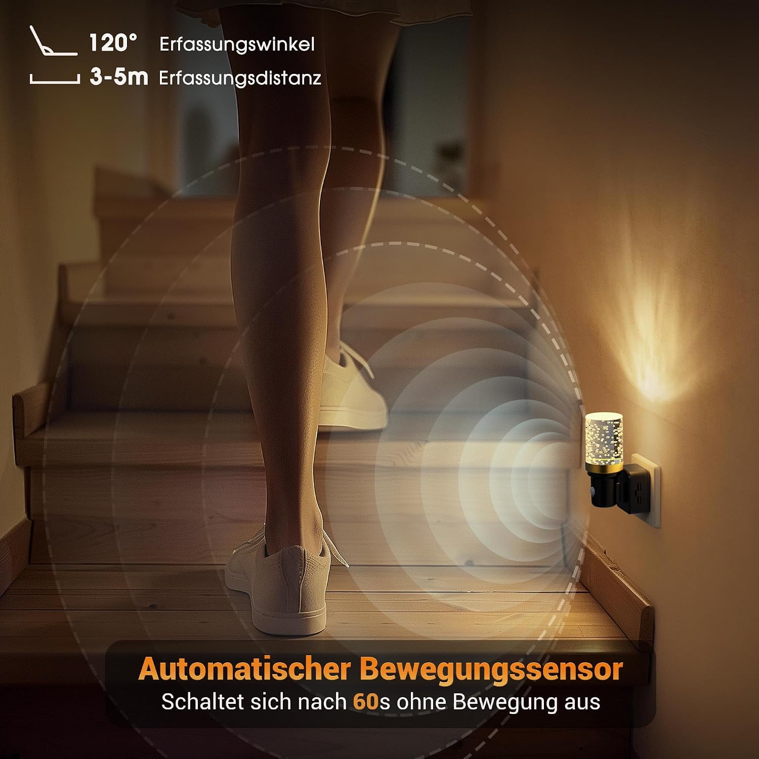 Detalle de JandCase Nachtlicht-Steckdose mit Bewegungsmelder und 3 Modi (AUTO/AUS/EIN), dimmbar 0–100 lm, 3000K