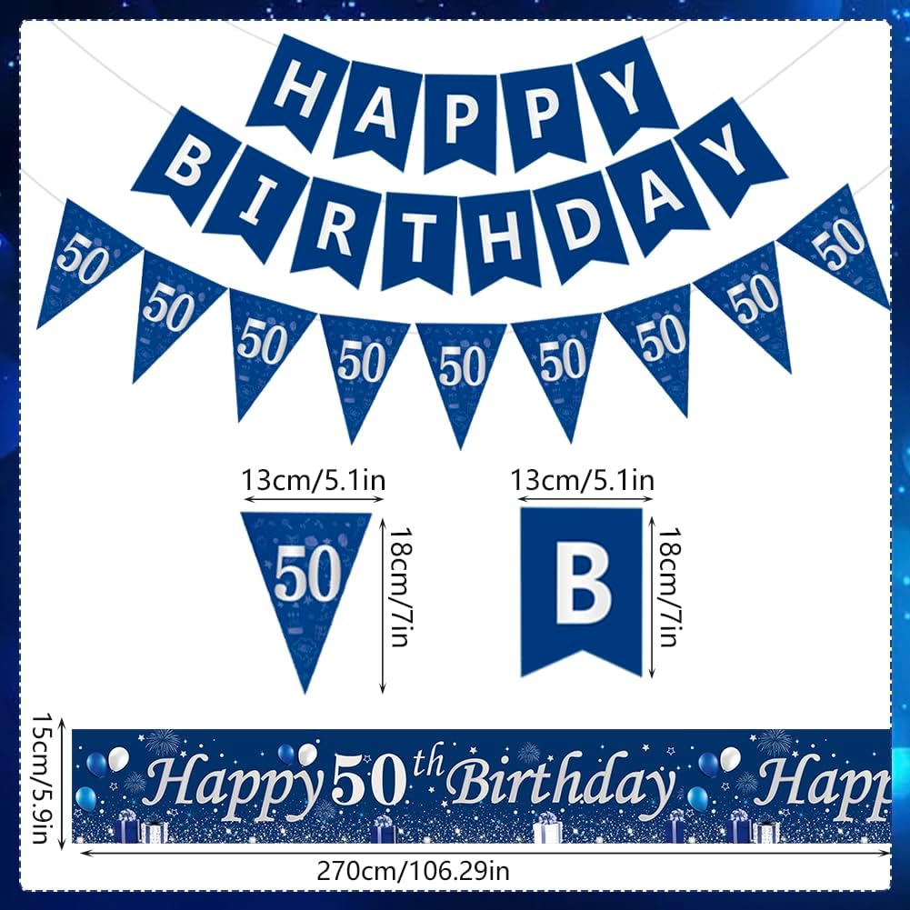 Detalle de Happy 50th Birthday Decorations for Him (Blue & Silver) – Banners, bunting, swirls, balloons & confetti set