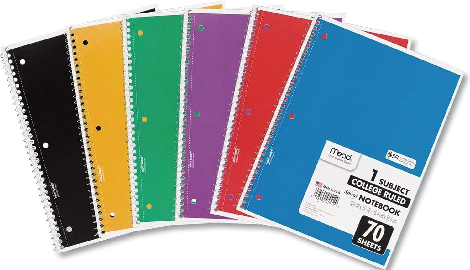Mead Spiral Notebook, 1 Subject, 70 Sheets per Notebook, 6-Pack (73065)