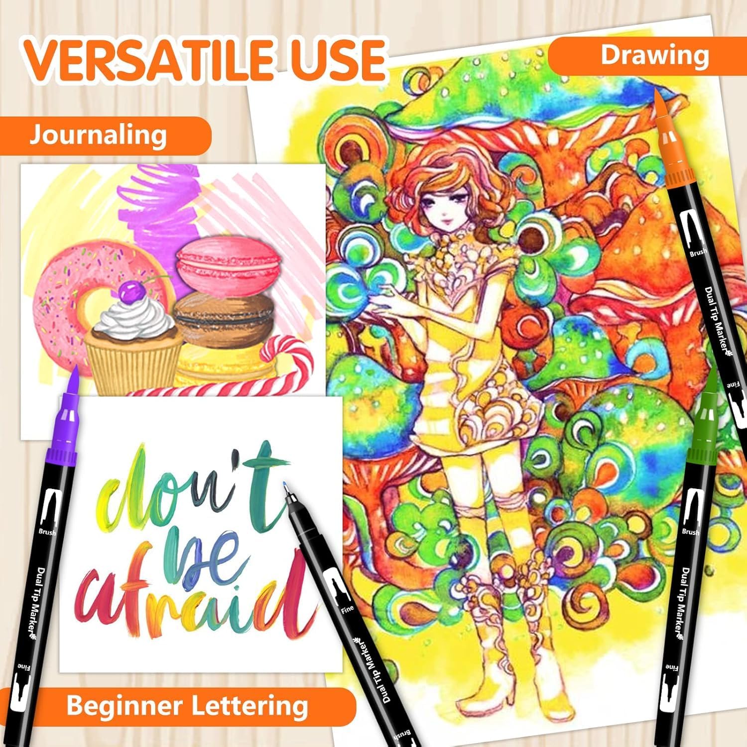 Thumbnail 4 de Melifluo Dual Tip Colouring Pens (24-colour fine & brush marker set)