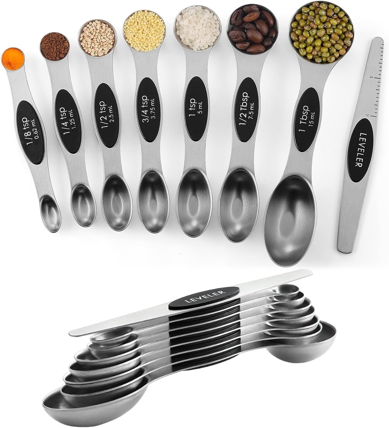 ChefAide Pack of 8 Stainless Steel Magnetic Measuring Spoons Set (Dual Sided, Stackable)