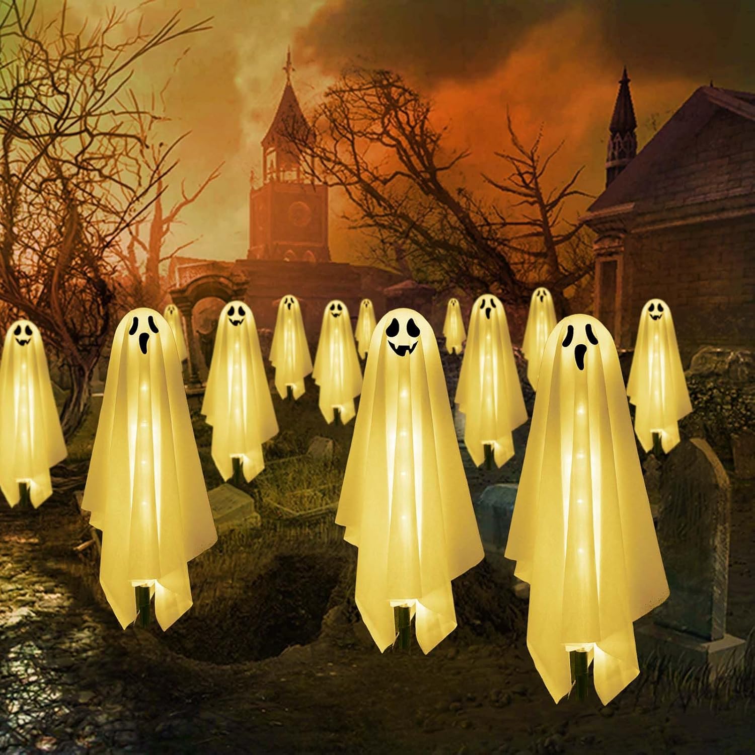 Detalle de Homeleo Set of 6 Solar Ghost Stake Lights, Warm White Outdoor Halloween Decor