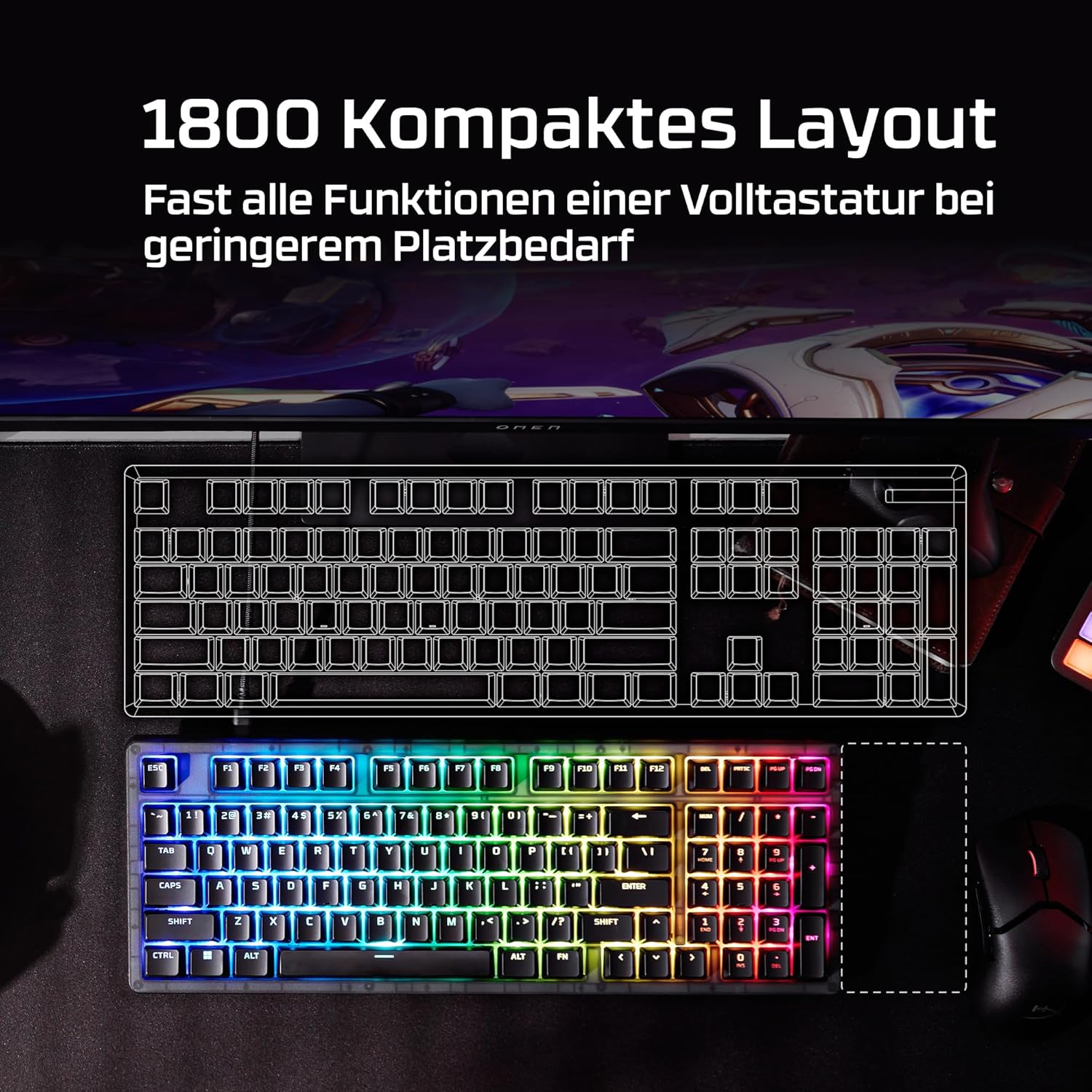Detalle de HyperX Origins 2 1800 Gaming-Tastatur – mechanische, hot-swapbare Schalter, QWERTZ deutsch, 8K Polling, austauschbares Gehäuse