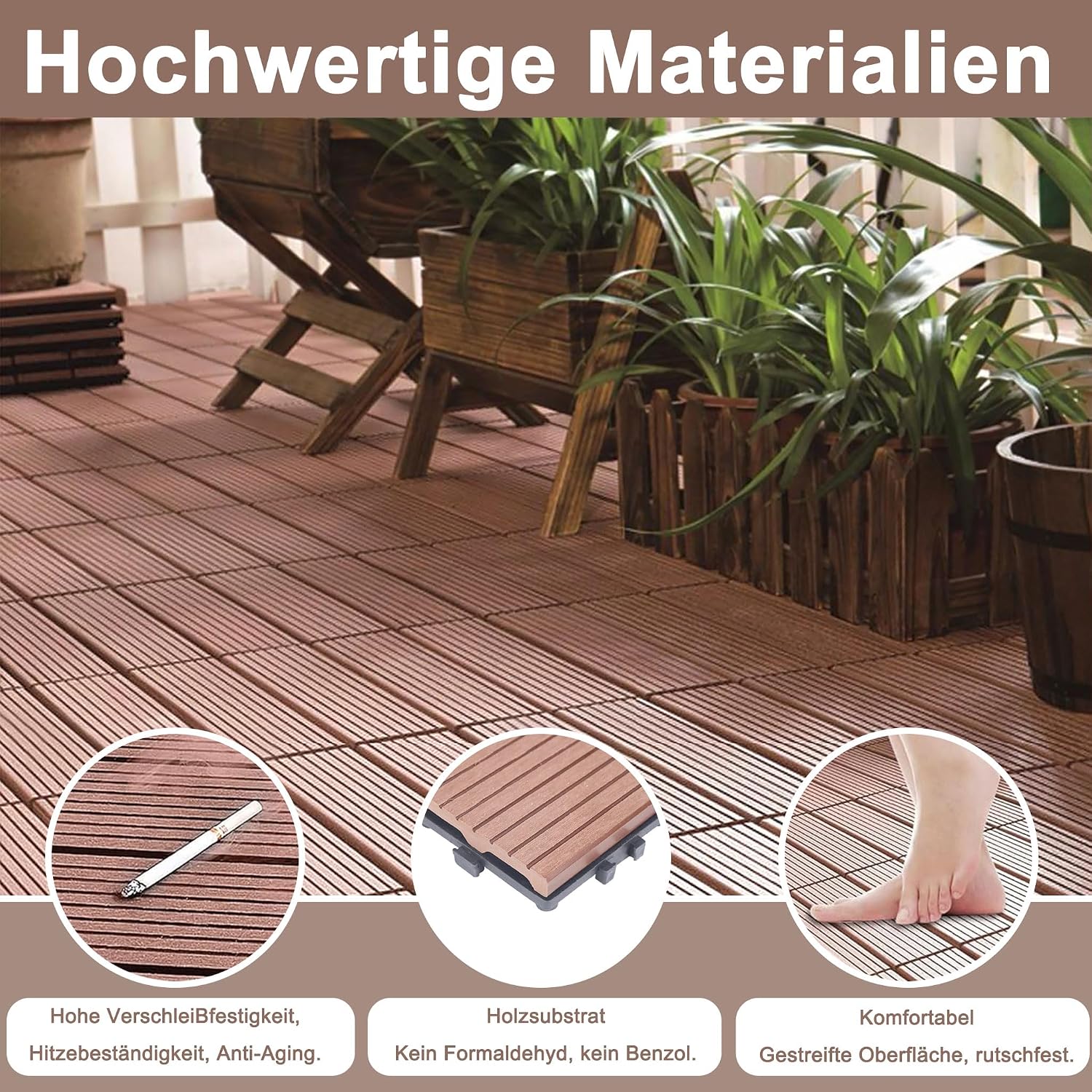 Detalle 2 de Aufun Terrassenfliesen aus WPC mit Klicksystem (22 Stück) 30 x 30 cm – Holzoptik, braun (Type A)