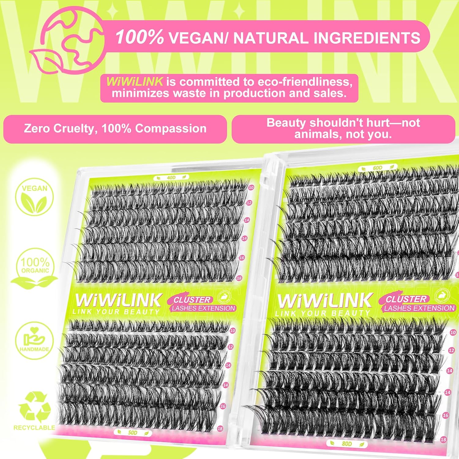 Thumbnail 3 de WiWiLINK Lash Clusters Kit, D Curl 10–18 mm, 40D–80D, 468 Pieces