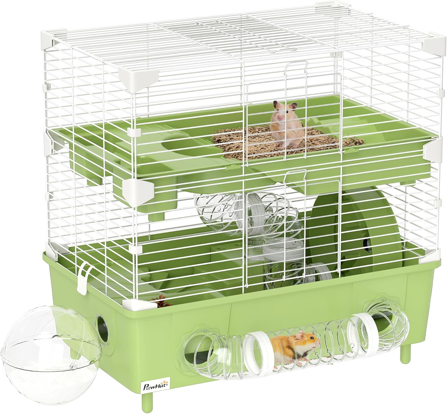 PawHut Cage pour Hamster à 2 Niveaux avec roue de course et salle de bain en sable, 44,5 x 28 x 44 cm, vert