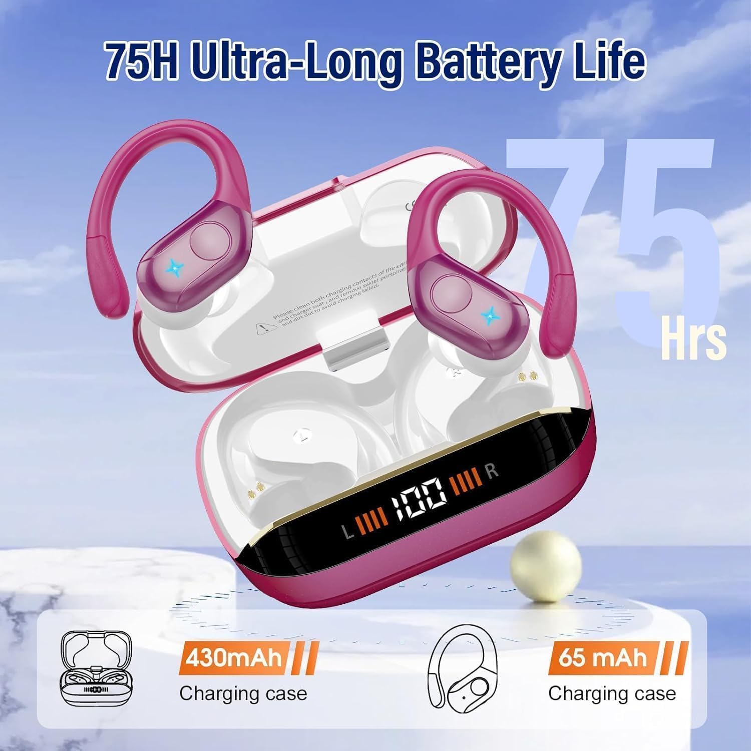 Detalle de Qecnato T12 Wireless Earbuds, Bluetooth 5.4, 75-Hour Battery, Ear Hooks