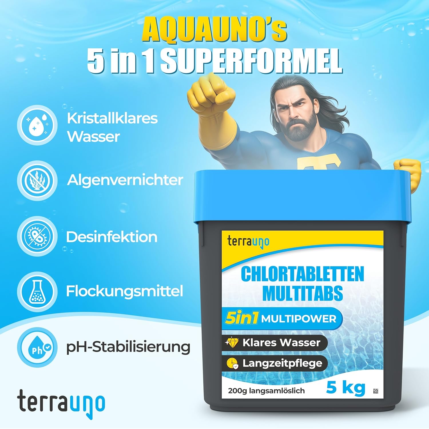 Thumbnail 1 de TerraUno Chlortabletten Multitabs 5 in 1 (langsamlösend) für Poolpflege – Chlor, KristallKlar Effekt, 5 kg