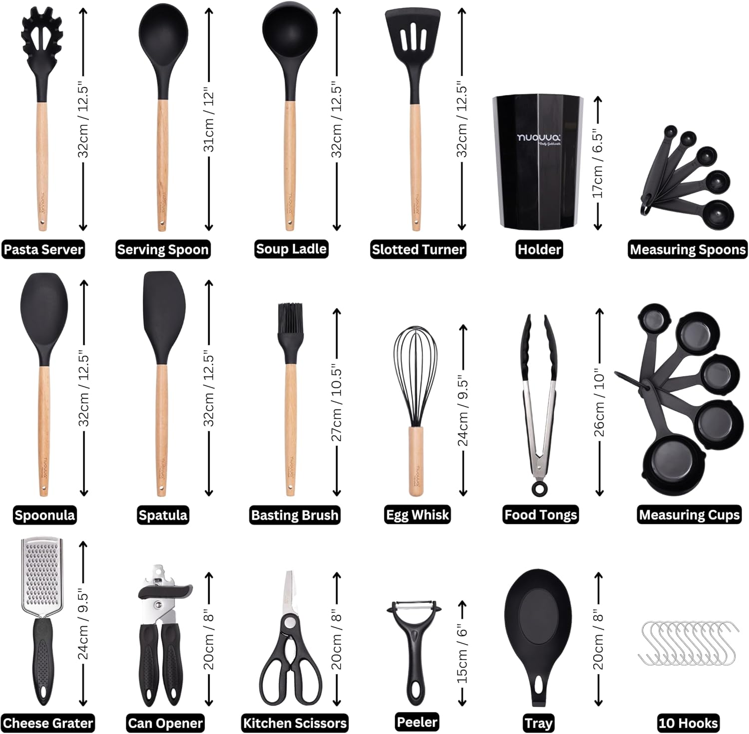 Thumbnail 2 de Nuovva 35pc non-stick silicone cooking utensils set with wooden handles (black)