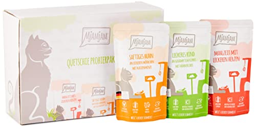 Detalle de MjAMjAM Premium Nassfutter für Katzen – Mixpaket I (12 x 125 g) Huhn, Rind, Herzen – getreidefrei, hoher Fleischanteil