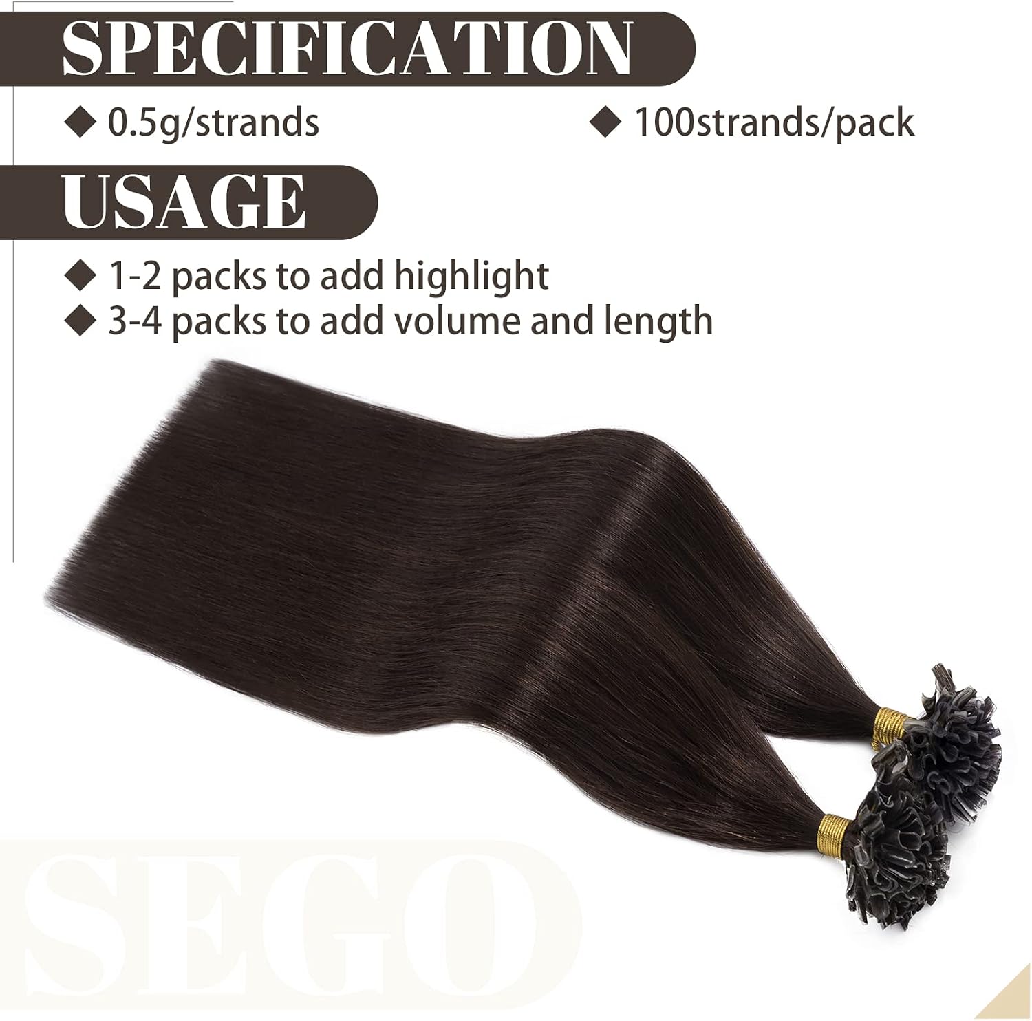 Detalle de SEGO Extension Kératine Cheveux Naturel Ombre 60 cm – 100 mèches 0,5 g