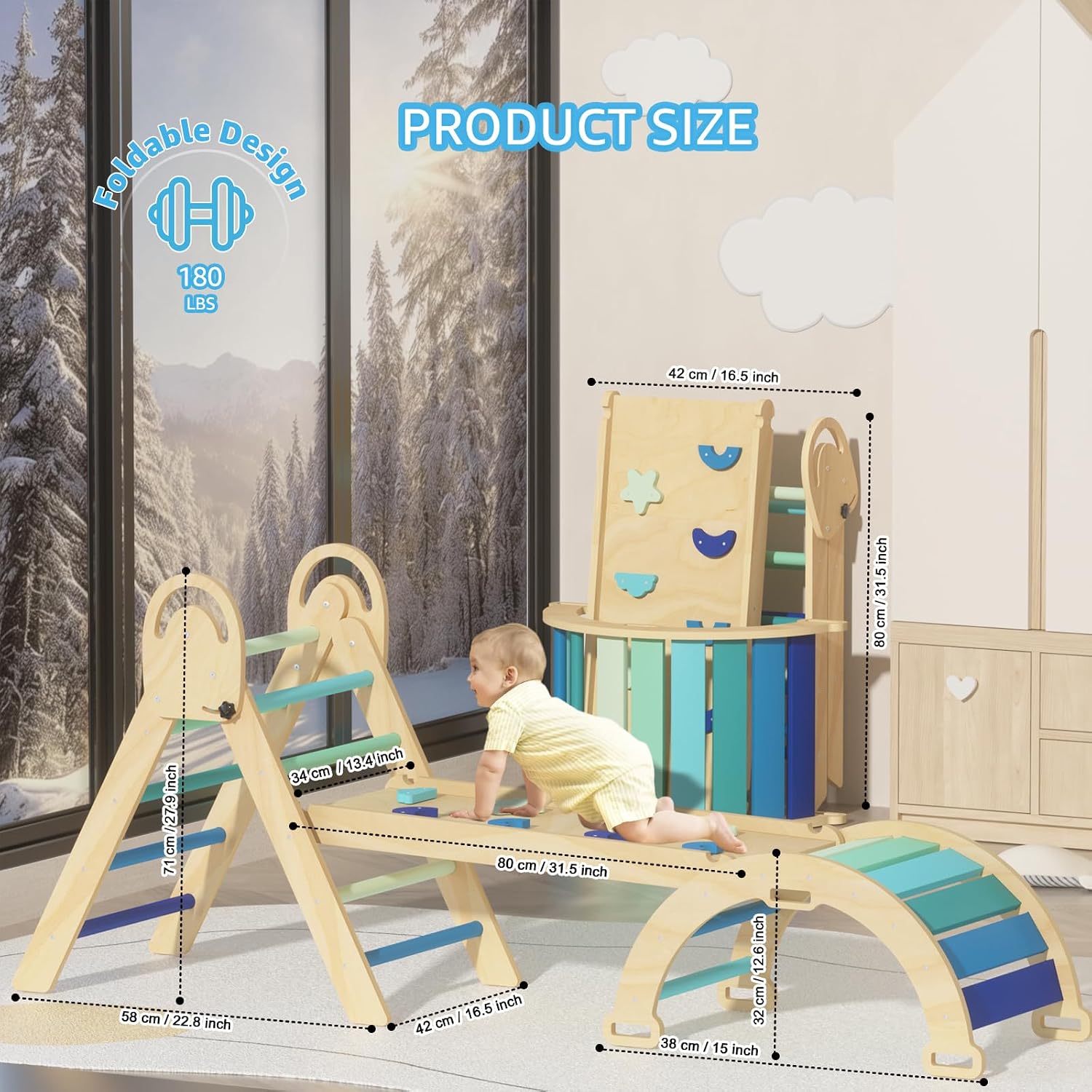 Detalle de investfun Pikler Triangle Set, Montessori Climbing Set for Toddlers (Blue-Nature)