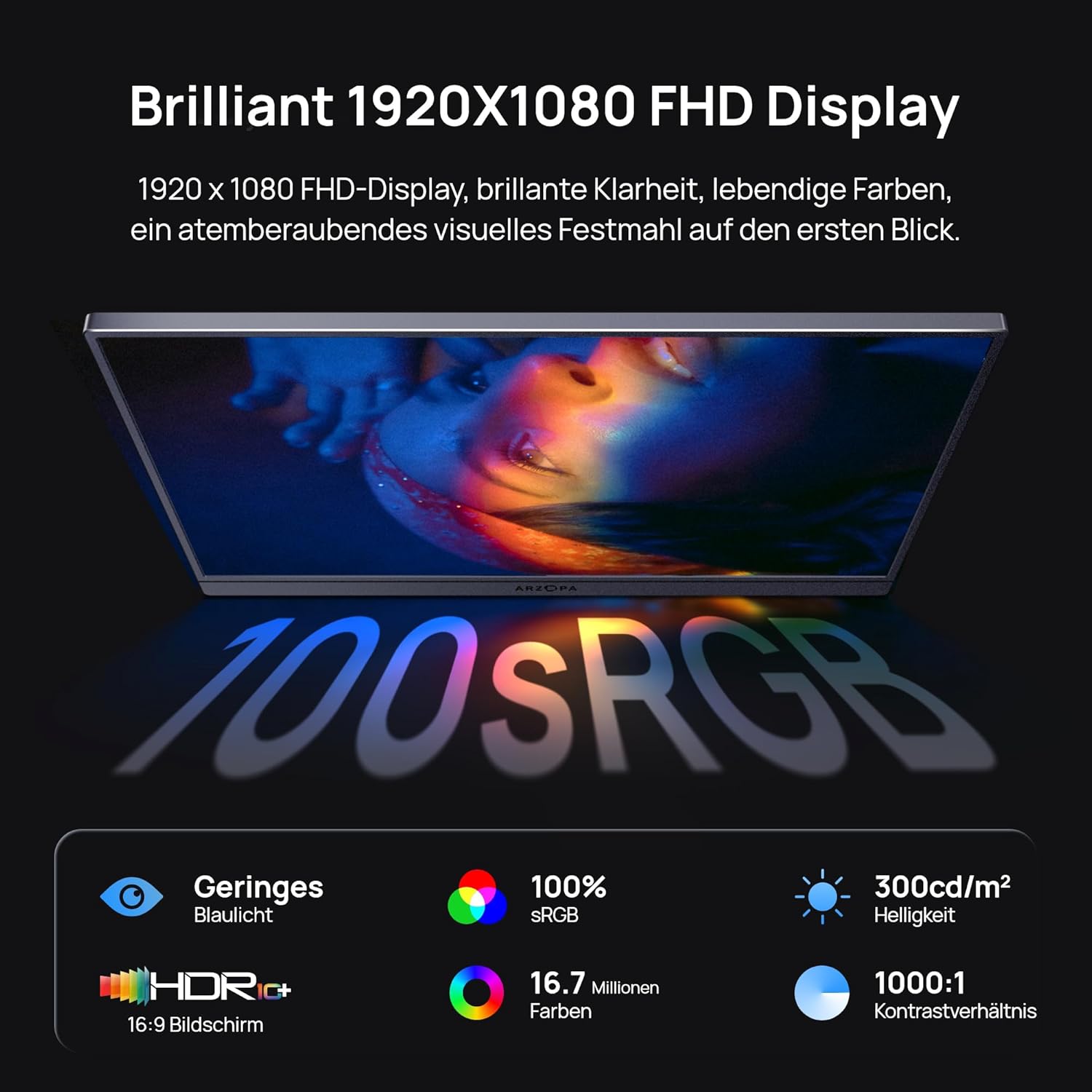 Thumbnail 2 de ARZOPA 16,1 Zoll Tragbarer Monitor – 100% sRGB, FHD, HDR, IPS, Space Grau