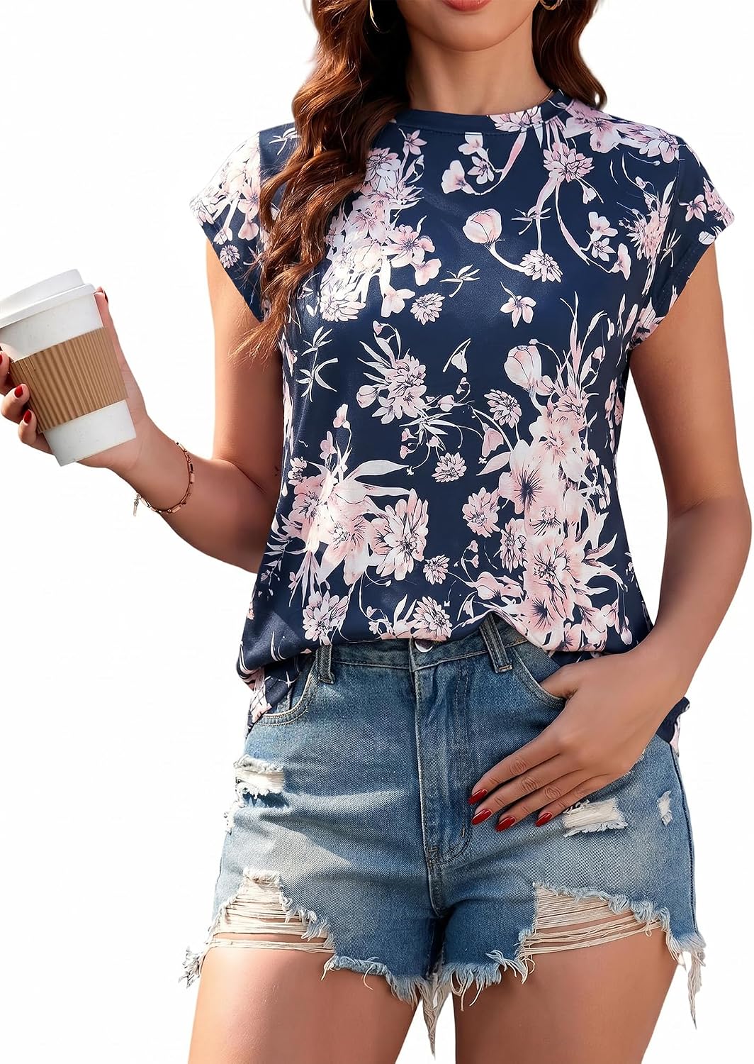 Detalle de SENBATU Damen T-Shirt – Sommerliches Rundhals-Top, elegant-basic & vielseitig