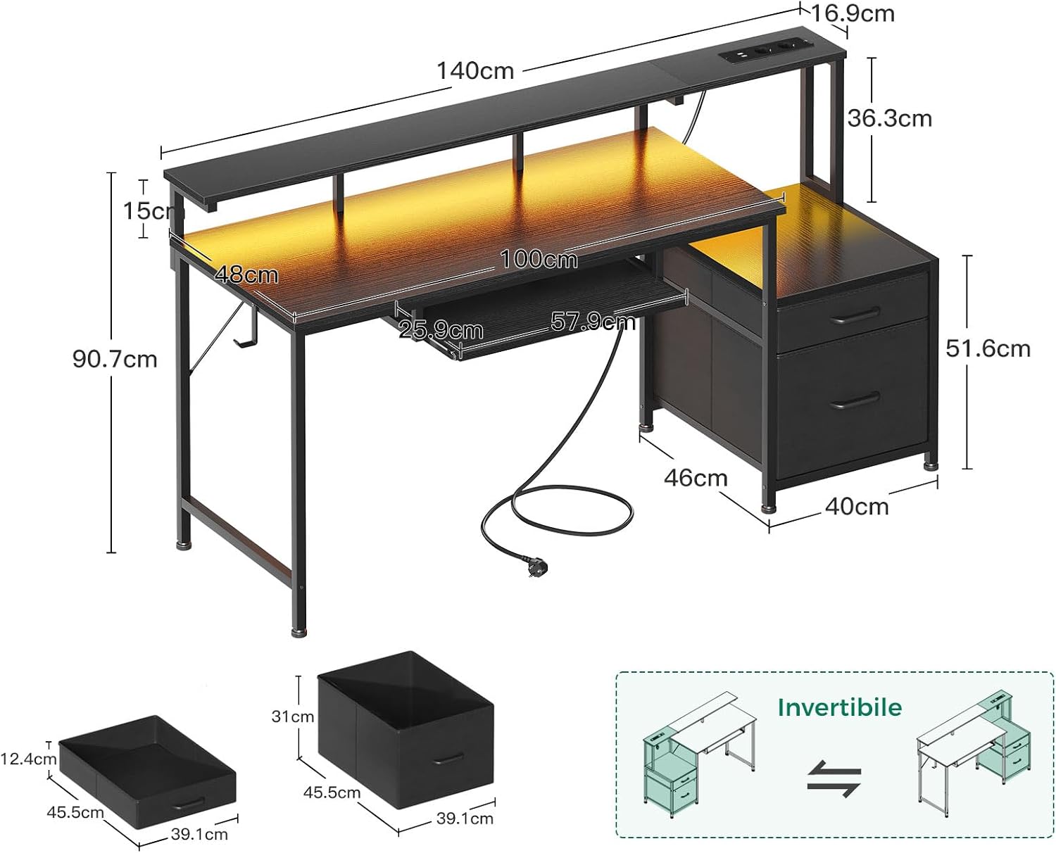 Detalle de Coleshome Scrivania Gaming con LED e Prese - 140x48 cm, cassetti in tessuto, vassoio tastiera e supporto monitor
