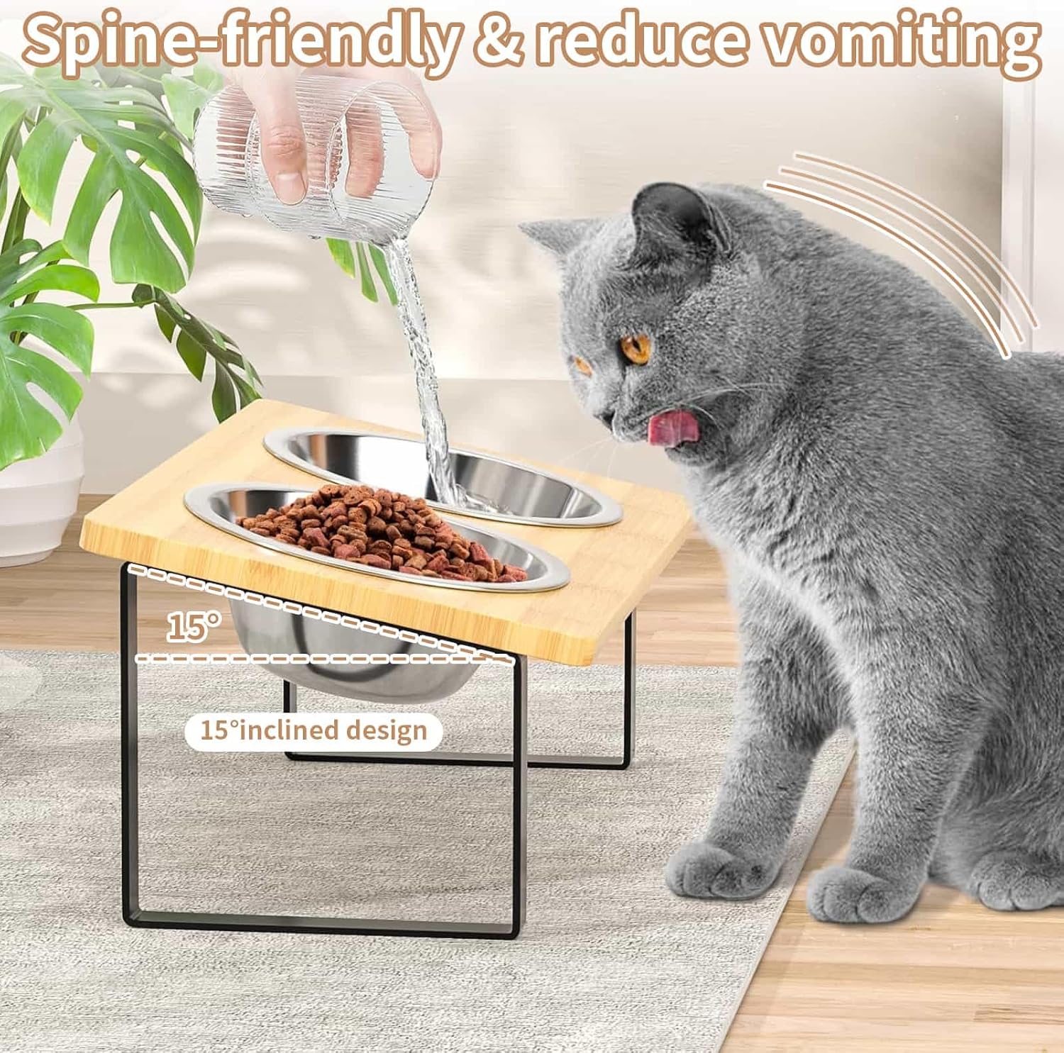 Detalle de Elevated Cat Food Bowls 15° Tilted Stainless Steel Raised Feeding Bowls with Wooden Stand