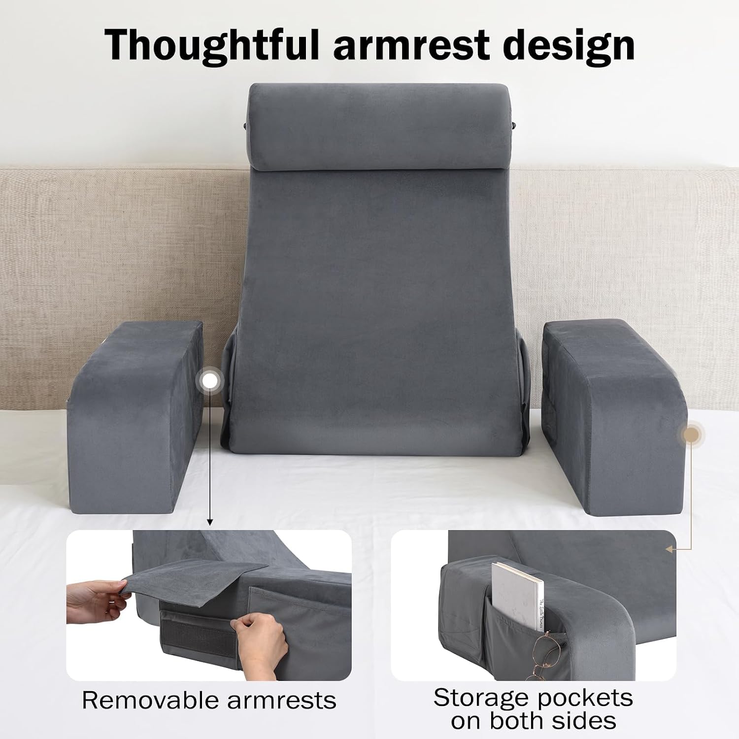 Detalle de ENITYA 19" Reading Pillow for Bed with Firm Back Support & Big Pockets