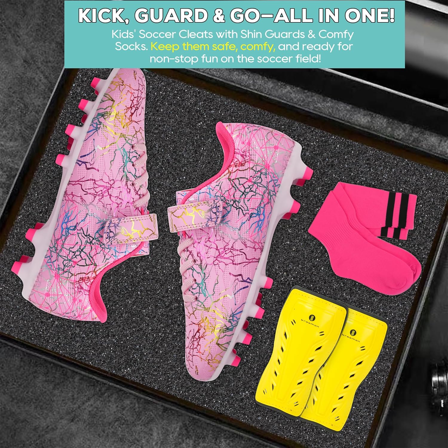 Detalle de brooman Kids Firm Ground Soccer Cleats (Girls) with Shin Guards & Soccer Socks