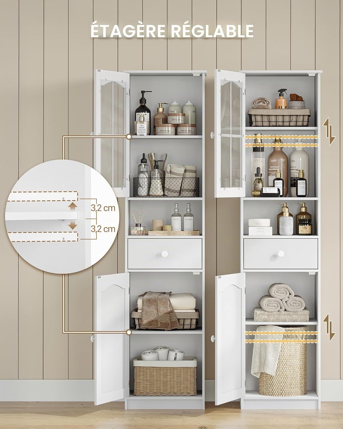 Detalle 2 de Hzuaneri Meuble Salle de Bain SC10003X : Armoire haute blanche à porte vitrée et tiroir