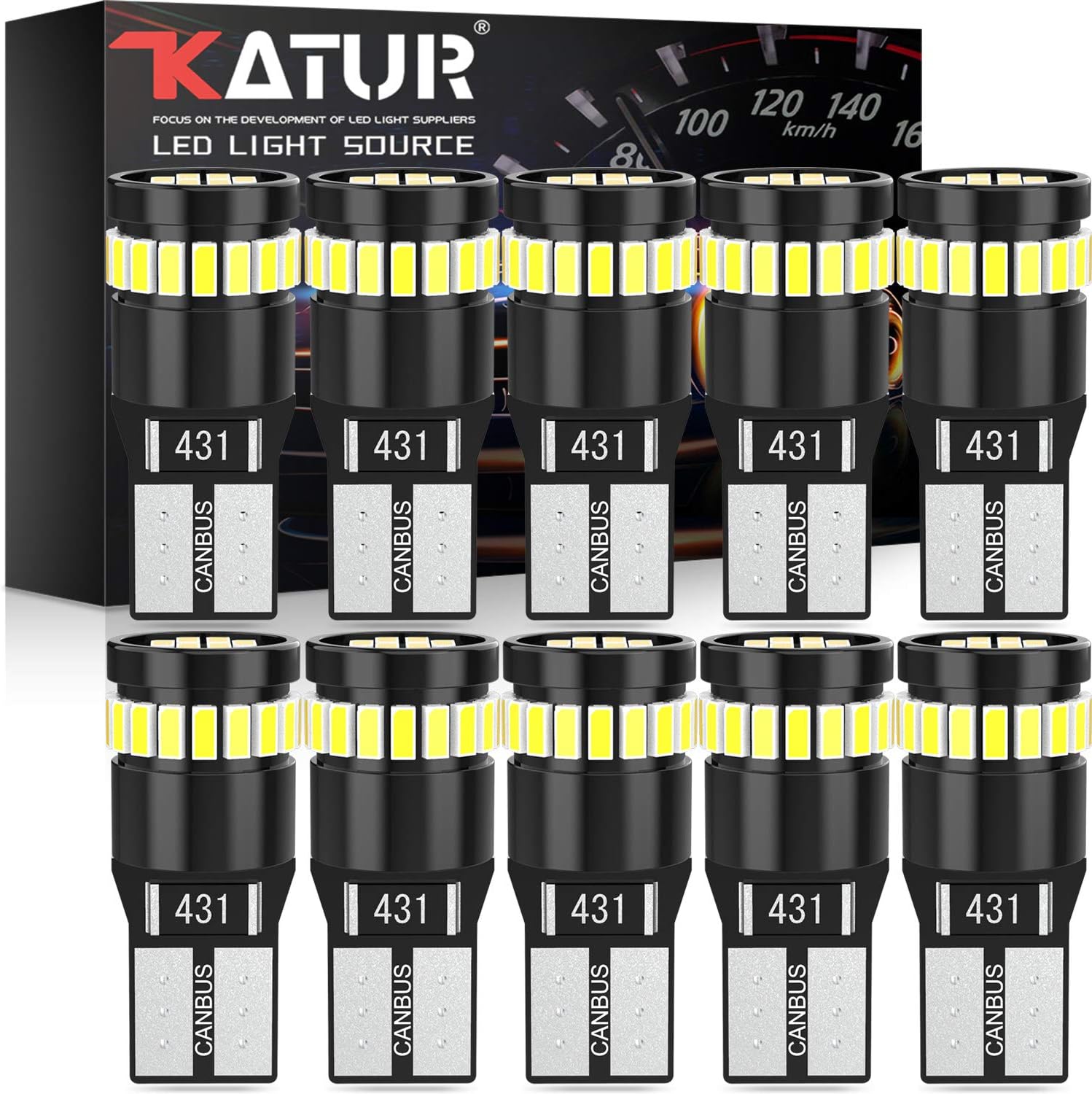 Detalle de KATUR 194 LED Light Bulb 6000K White – 24-SMD 3014, CANBUS Error Free (10pcs) for Car Interior & Exterior Lights