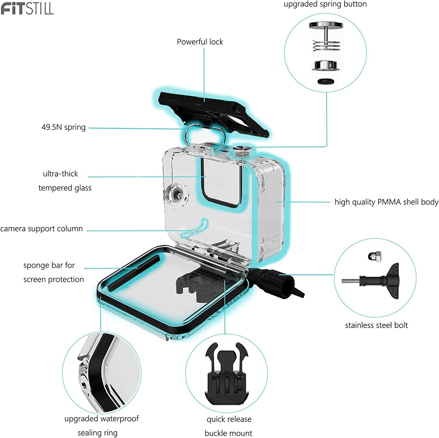 Thumbnail 2 de FitStill 60M/196FT Underwater Waterproof Case for Go Pro Hero 8 Black with 3 Dive Filters, Floating Handle & Accessory Kit