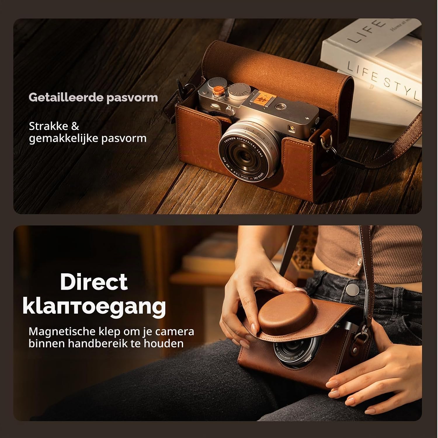 Detalle de SMALLRIG 5986 leren cameratas voor X-E5 en X100VI met magneetsluiting