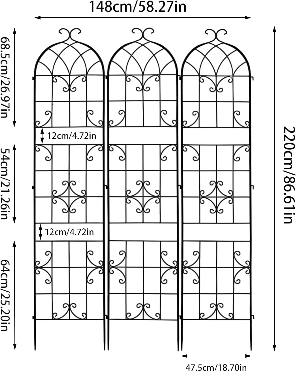 Detalle de Unho Traliccio per Rampicanti in Metallo: Set di 3, H220 cm, grigliati per rampicanti in ferro da giardino (Nero, incastro)