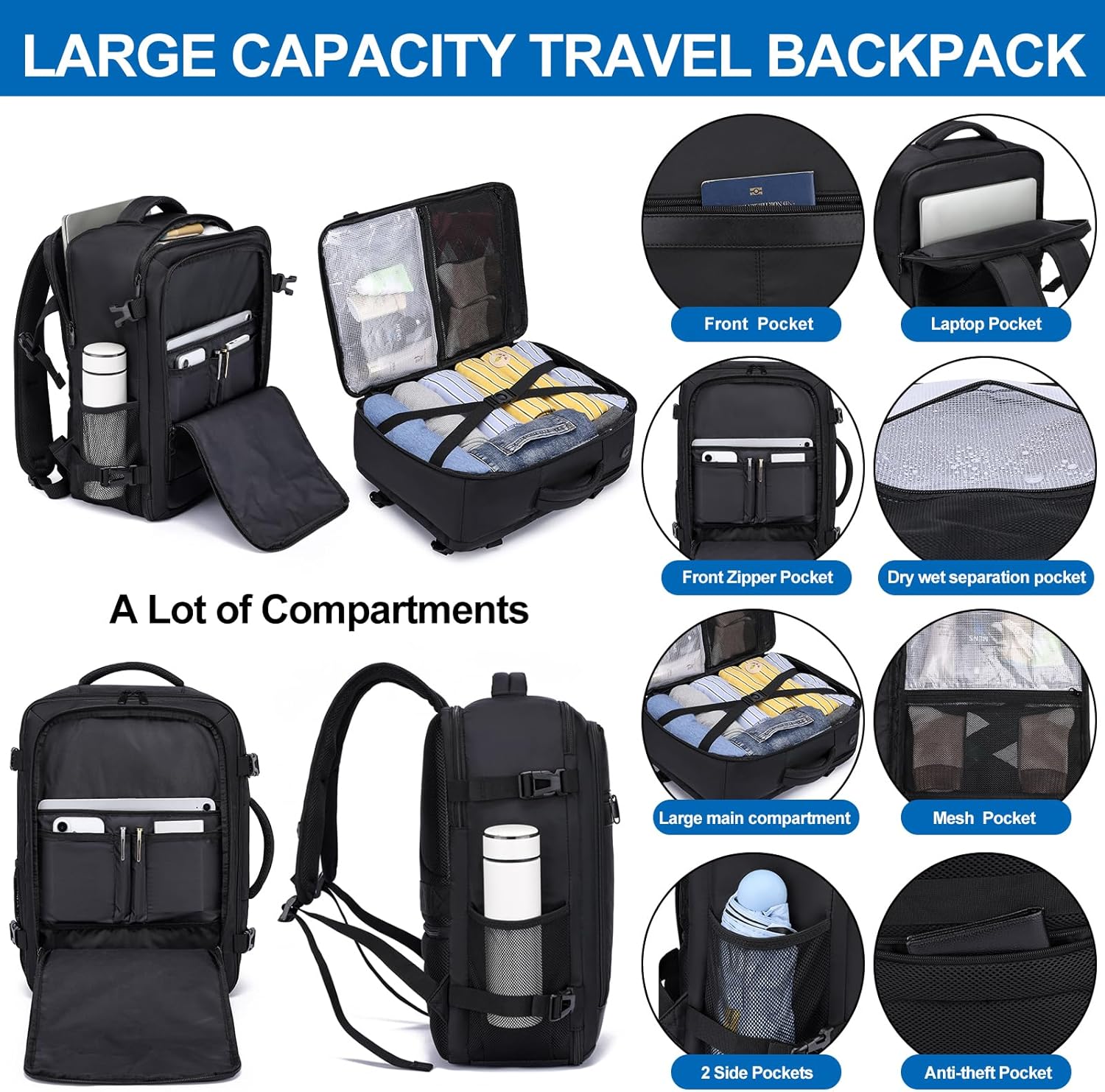 Thumbnail 2 de Travel Backpack for Men: Airplane Approved 24L Carry-On with Laptop Compartment, Shoe Pouch, and TSA-Ready Design (15.6 inch Laptop)