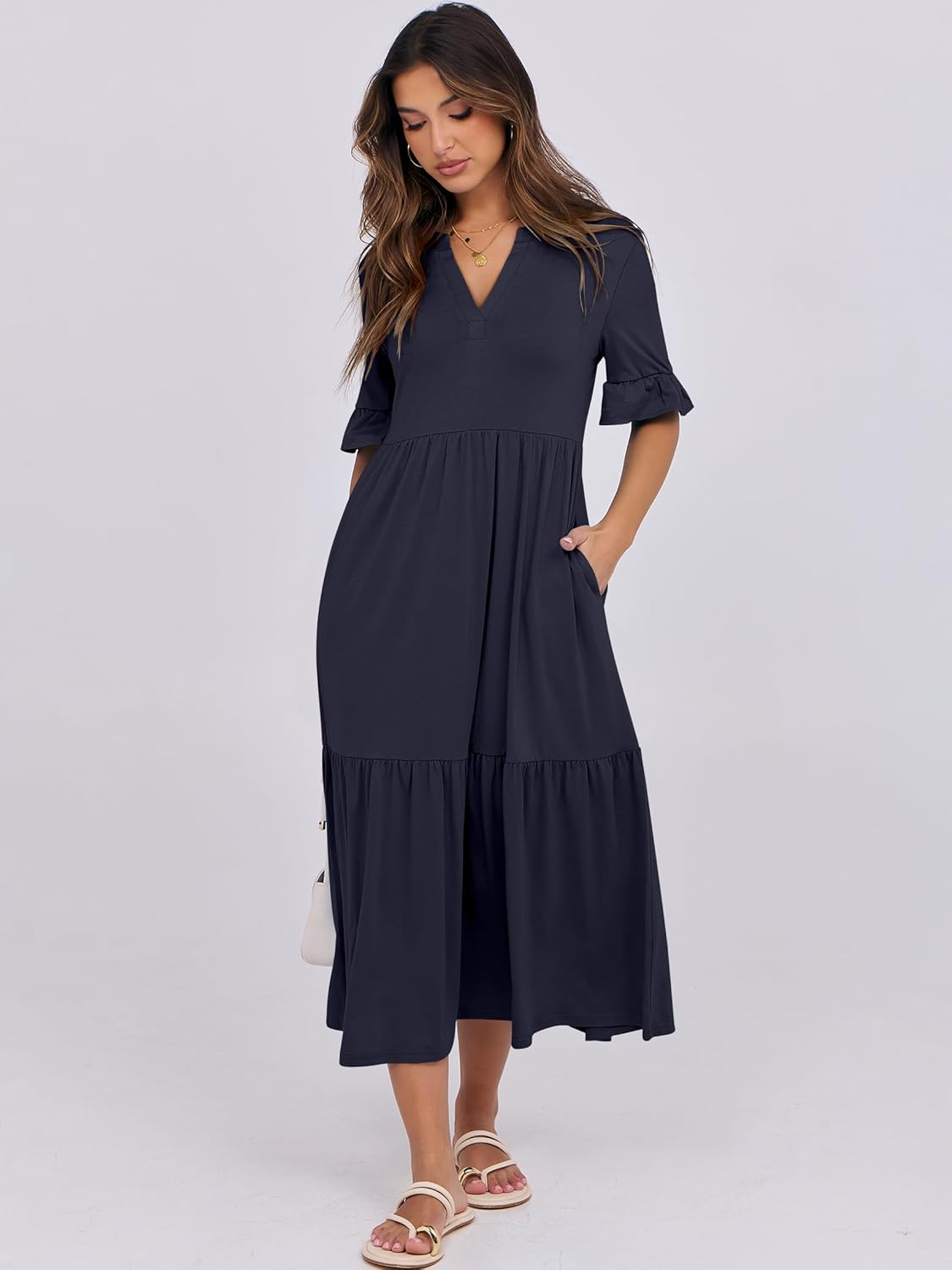 Detalle de ANRABESS Women’s Summer Maxi Dress with Ruffle Short Sleeves, V-Neck & Tiered Skirt