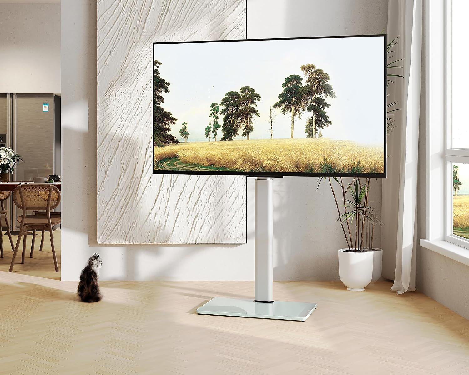 Detalle de FITUEYES TV Ständer mit Glasboden für 32–60 Zoll Fernseher, höhenverstellbar bis 1240 mm, max. 30 kg, VESA bis 600×400 mm – Weiß
