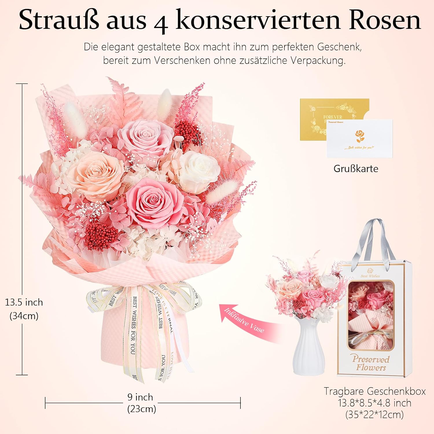 Thumbnail 4 de Ewige Rosen Strauß mit Vase – Rosa, 4 Übergroße Rosen, integrierte Vase