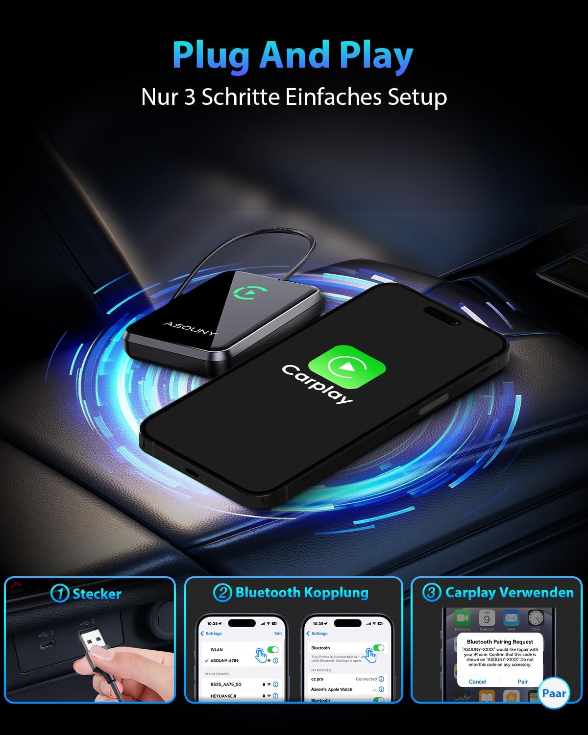 Detalle de ASOUNY CarPlay wireless 2025 per auto 2016