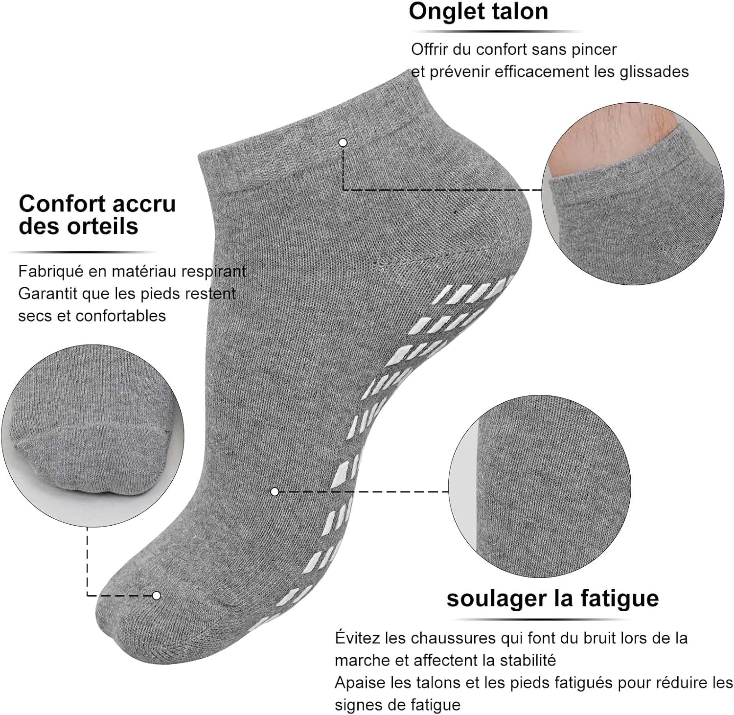 Detalle de PUTUO Sport – Lot de 4 paires de chaussettes anti-dérapantes homme en coton