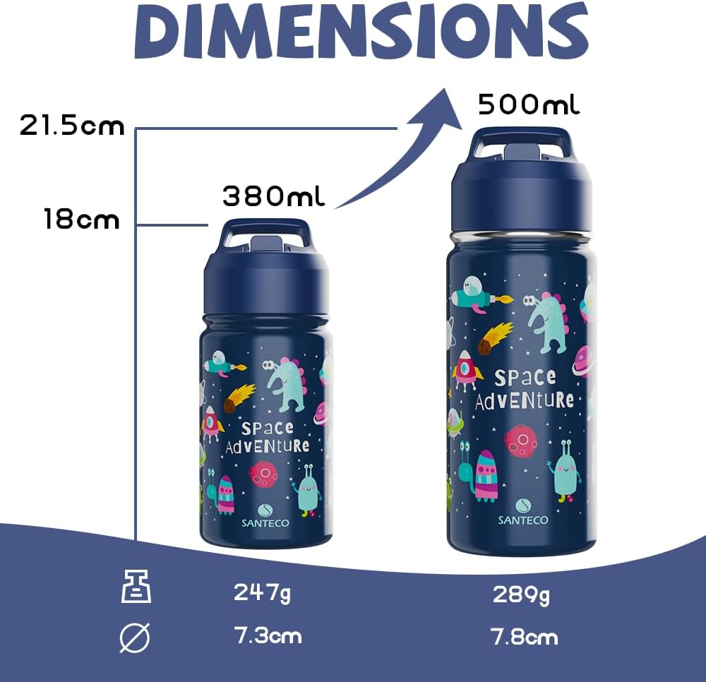 Thumbnail 4 de SANTECO Kinder-Trinkflasche aus Edelstahl 500 ml mit Strohhalm – BPA-frei, auslaufsicher & isolierend