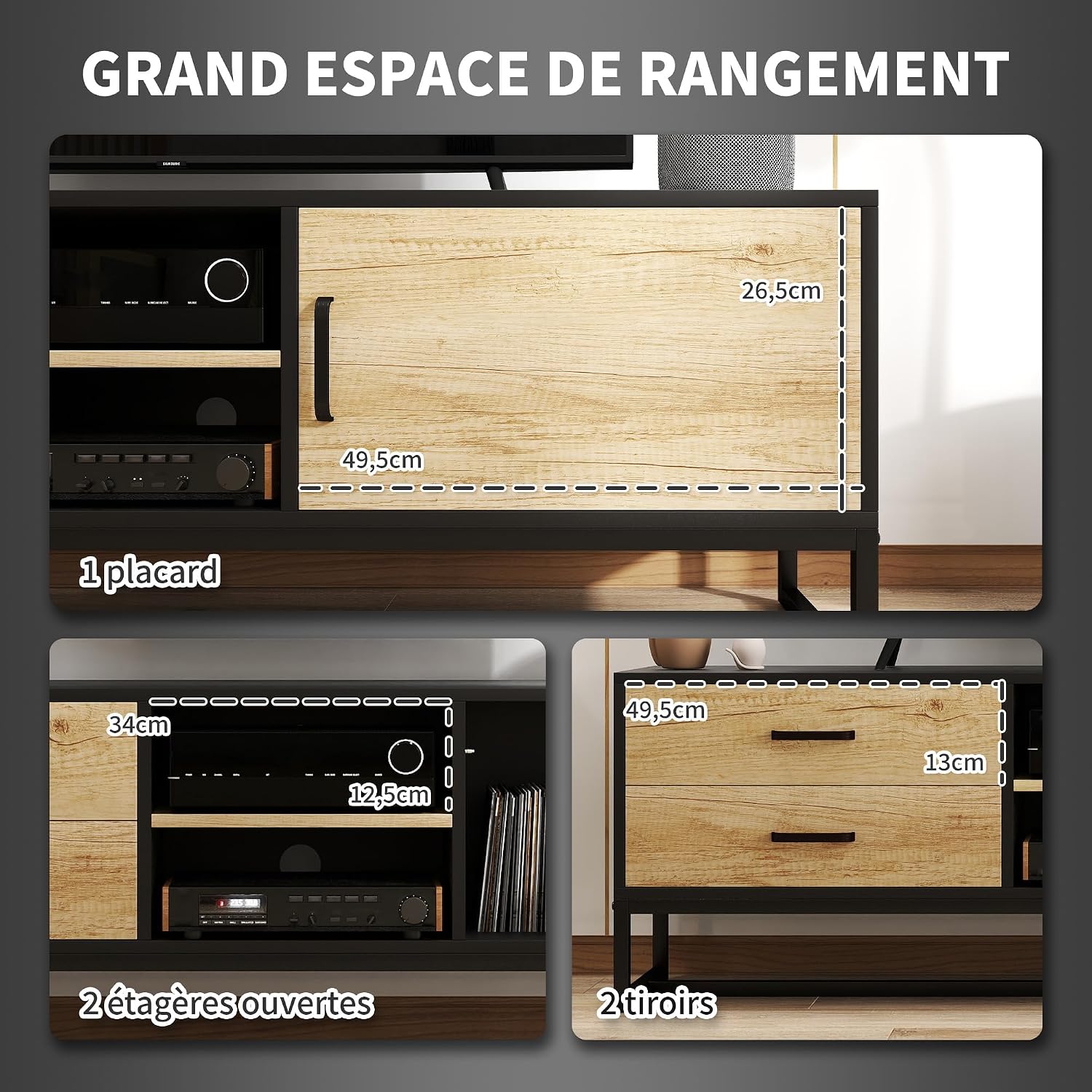 Thumbnail 3 de HOMCOM Meuble TV Bois Naturel pour écran jusqu’à 60 pouces – rangement polyvalent et étagère ajustable