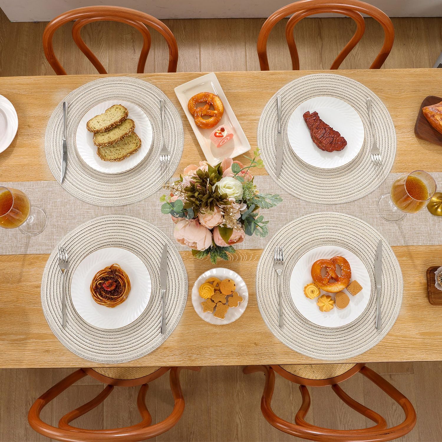 Detalle de SHACOS Woven Round Placemats Set of 6 (Heat Resistant, Washable) – 38 cm round table mats