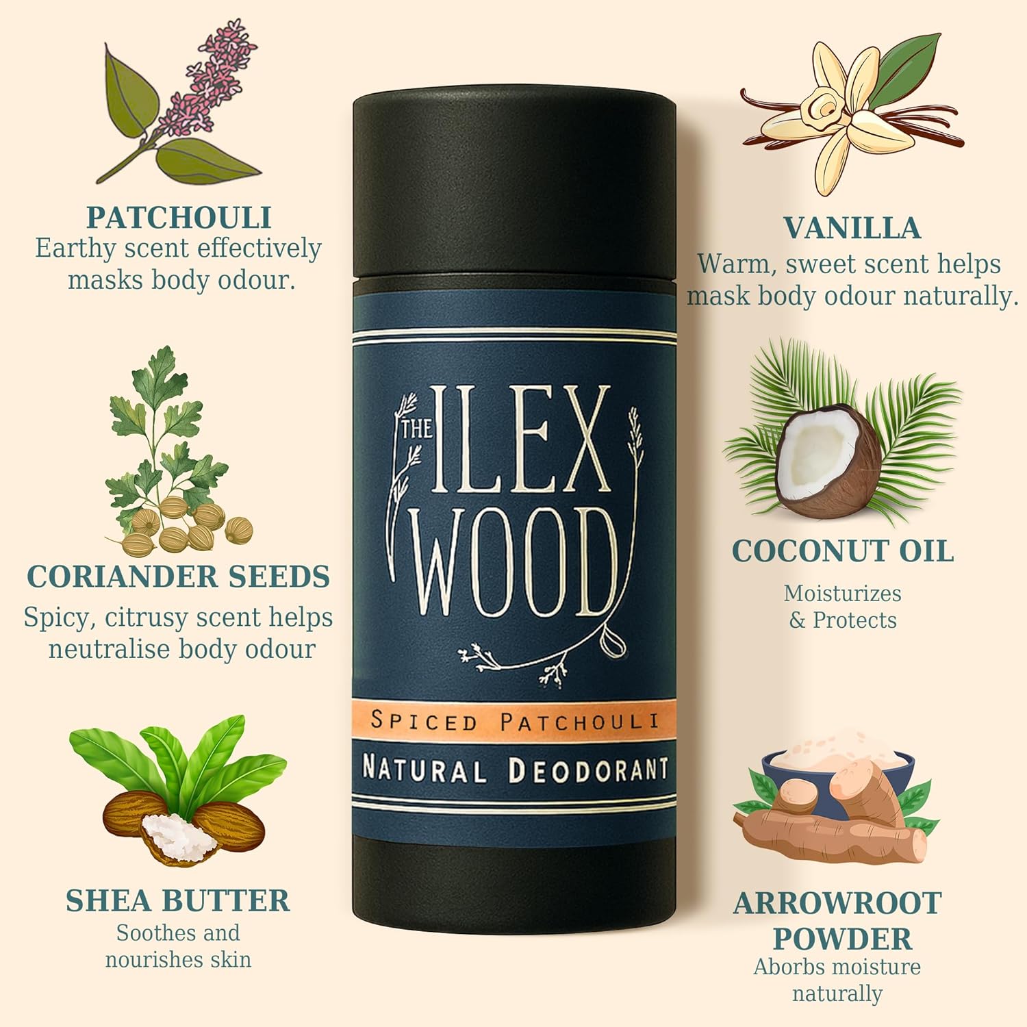 Detalle de The Ilex Wood Natural Deodorant Stick (70ml) – Spiced Patchouli, aluminium-free & plastic-free