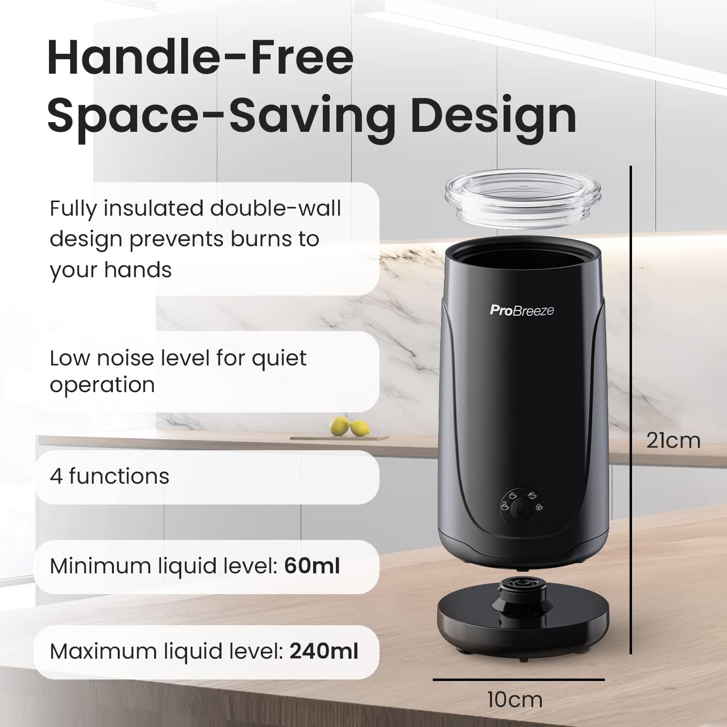 Detalle 2 de Pro Breeze Electric 4-in-1 Automatic Milk Frother (240ml) – Hot & Cold Foam Maker for Latte, Cappuccino & More