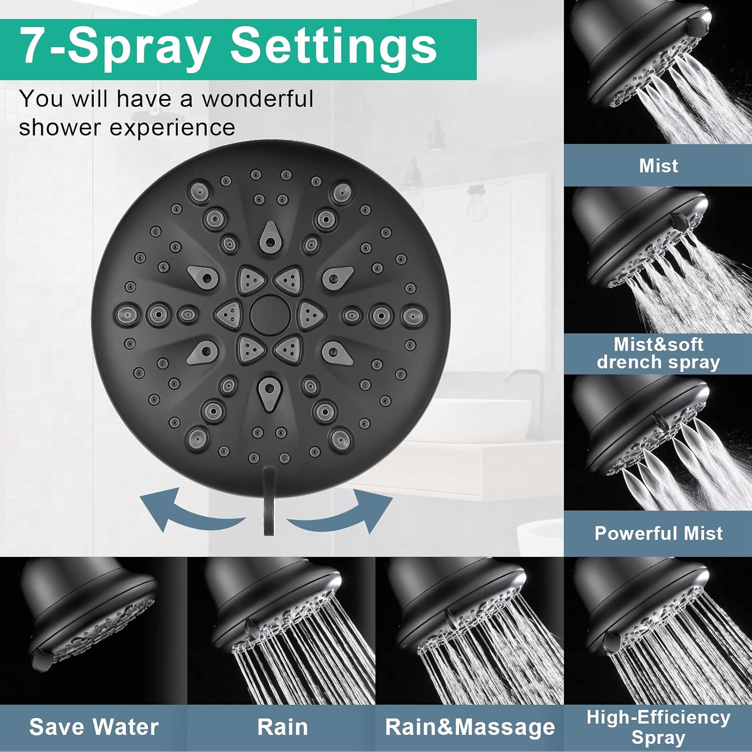 Detalle 2 de Cobbe KDPA001 Filtered Shower Head, 7 Spray Modes, 16-Stage Filter, Matte Black