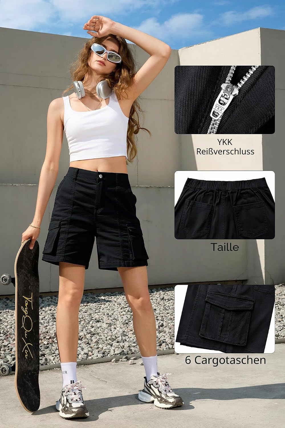 Detalle de IVIR Kurze Hose Damen – Hoch taillierte Cargo Bermudas aus Baumwolle mit elastischem Bund (6 Taschen)