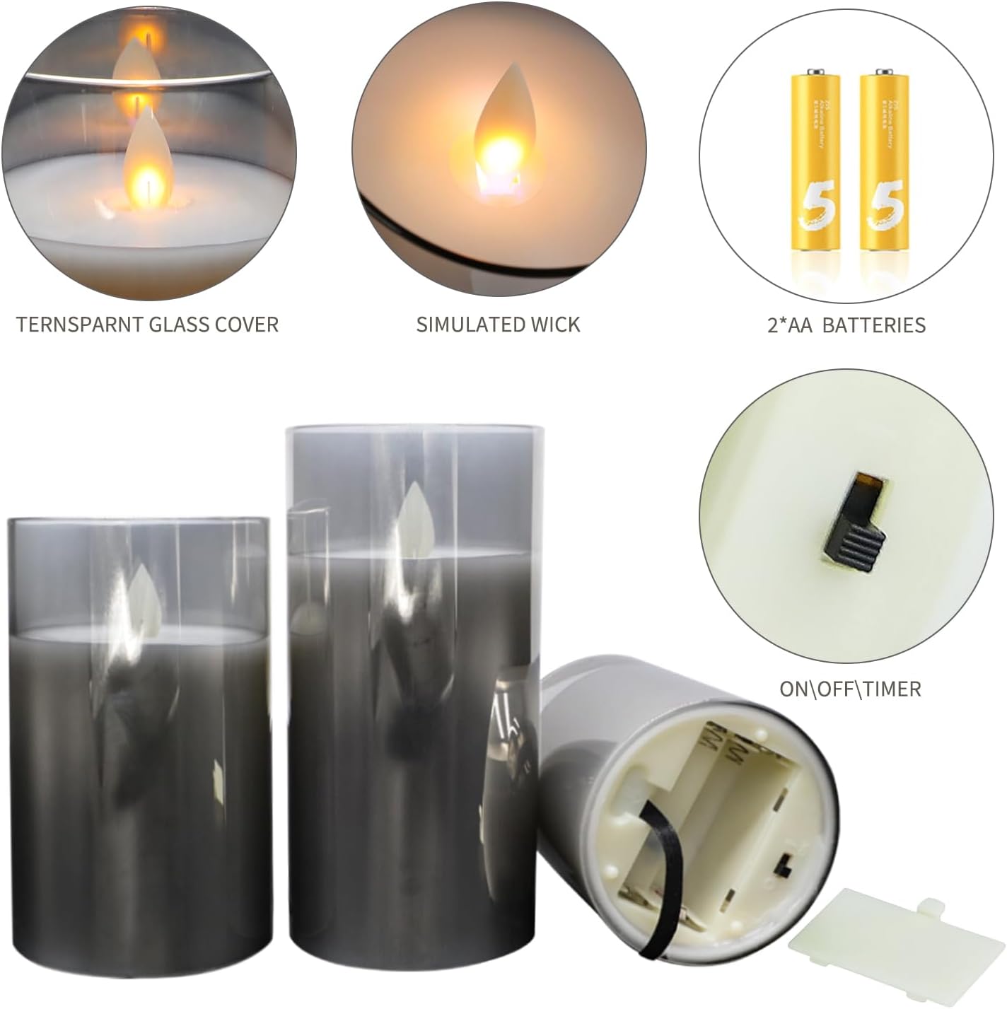 Detalle de YMing flameless LED candles set (4"/5"/6") with remote and timer – real-wax style, gold glass pillars