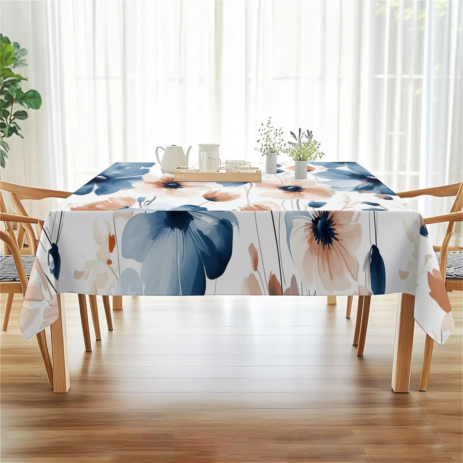 Thumbnail 4 de arts lion Rectangle Waterproof 60x102in Wipeable Table Cover – Non-PVC Fabric, Ink Blue and Orange Floral Design