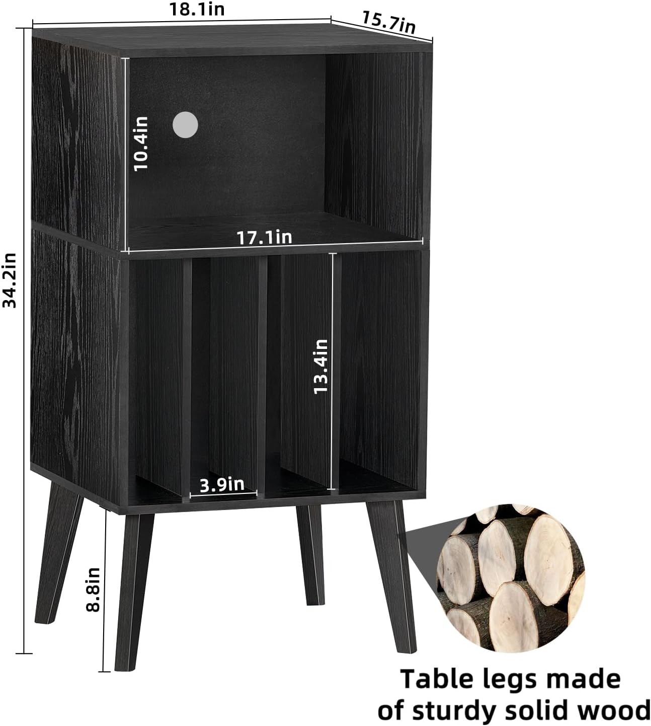 Detalle de Lerliuo Record Player Stand, Black – Mid-Century Vinyl Storage with Solid Wood Legs (Holds 160 Albums)