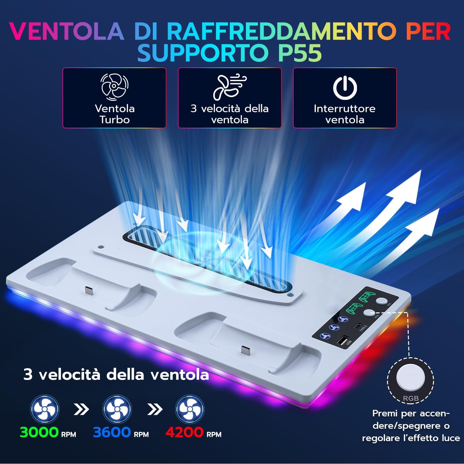 Detalle 2 de Tolesum supporto verticale con raffreddamento e ricarica per PS5/PS5 Pro/PS5 Slim con doppio controller, ventola 3 velocità e RGB