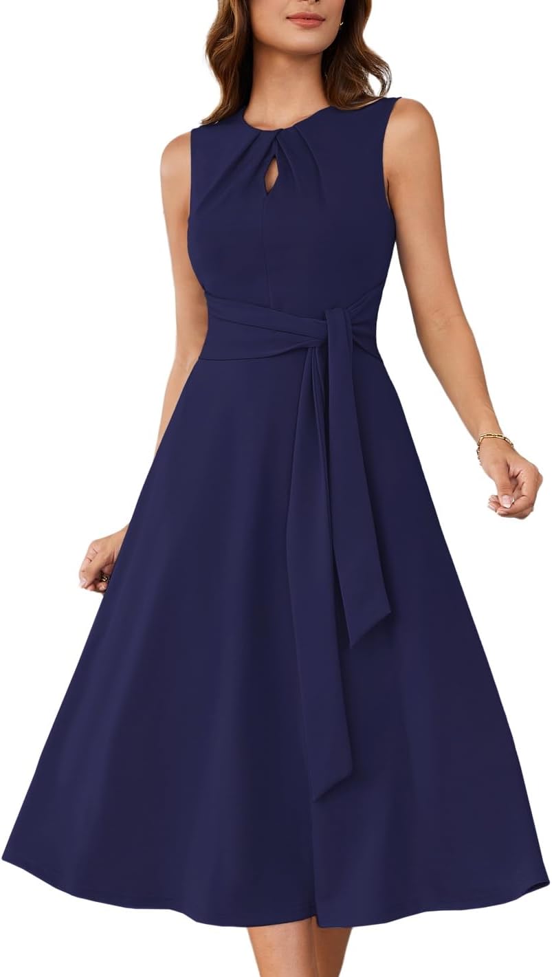 Detalle de Grace Karin Damen A-Linien-Midikleid – Ärmelloses Rundhalskleid mit Gürtelband
