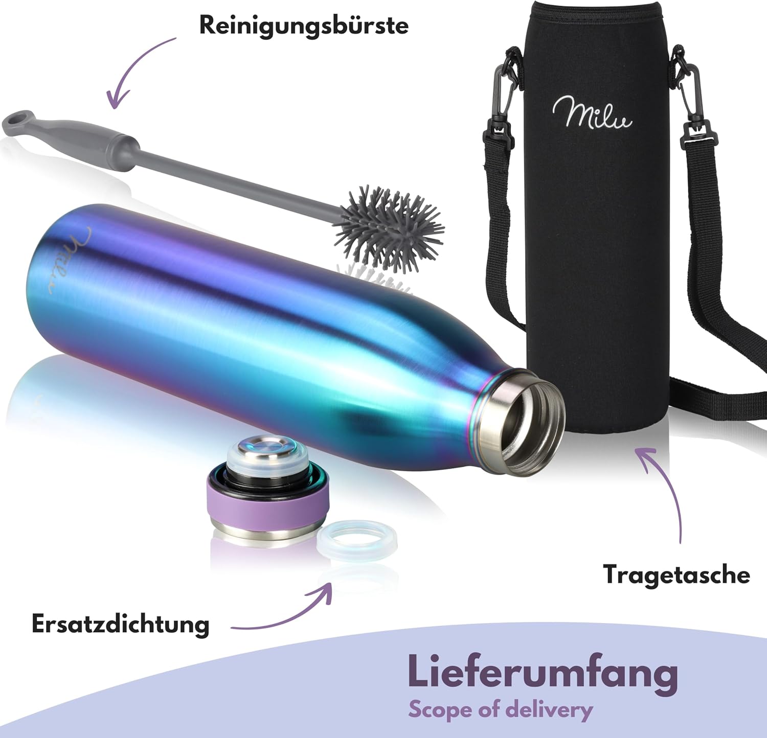 Detalle de Milu Edelstahl Trinkflasche 750ml – auslaufsicher, doppelwandige Vakuumisolierung, inkl. Reinigungsbürste