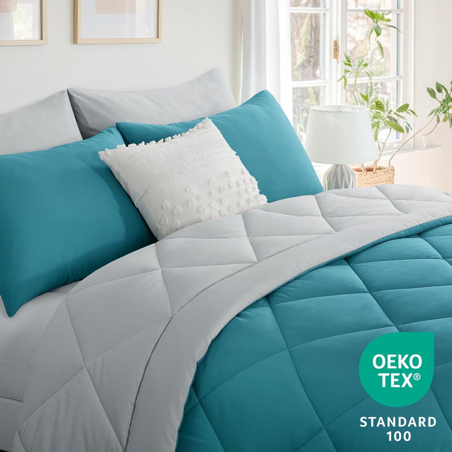 Thumbnail 4 de Aisbo Coverless Duvet King Size 10.5 Tog (230x220cm) Teal/Grey reversible quilt with 2 pillowcases