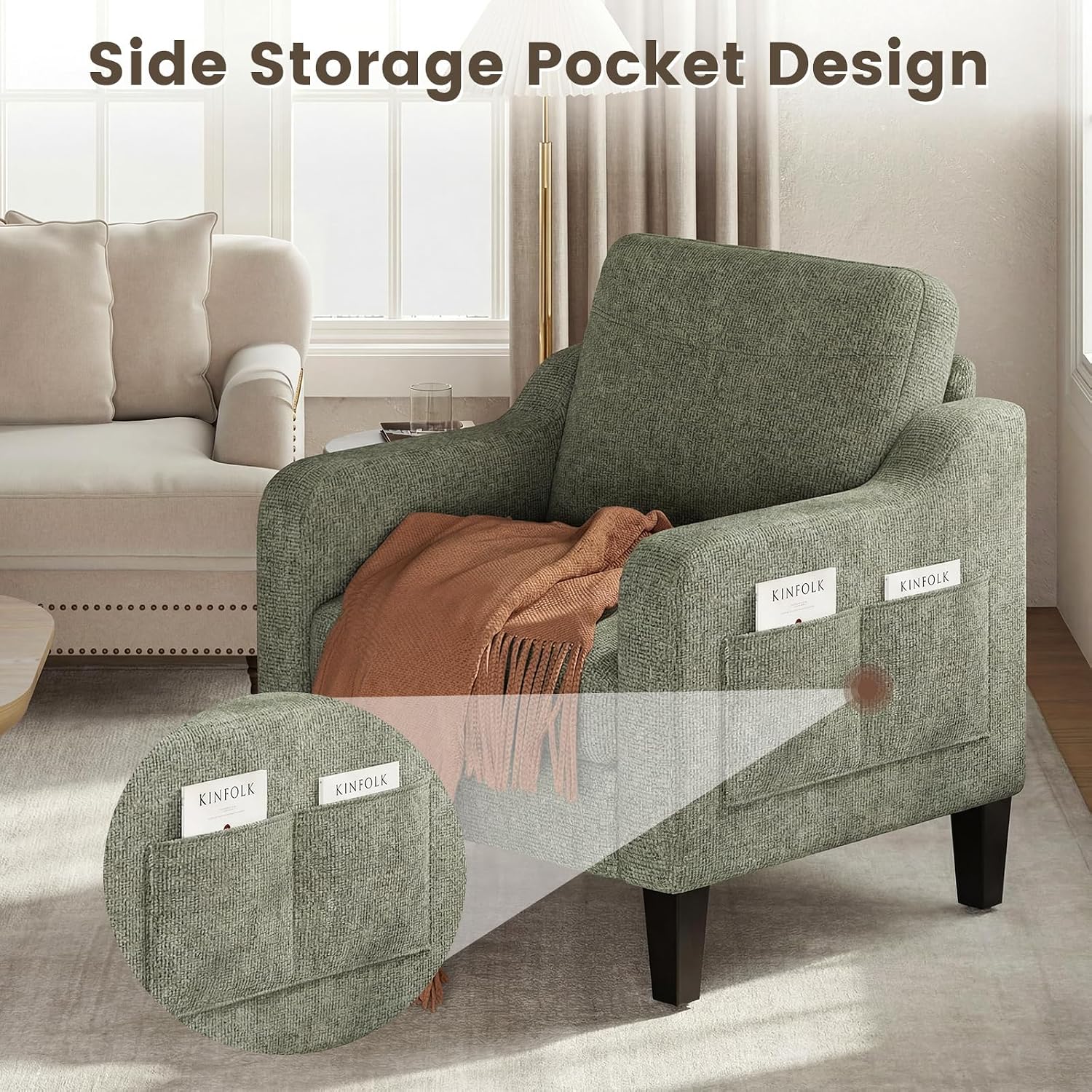 Detalle 2 de COLAMY ACW08 Green Accent Chair with Foldable Side Table and Storage