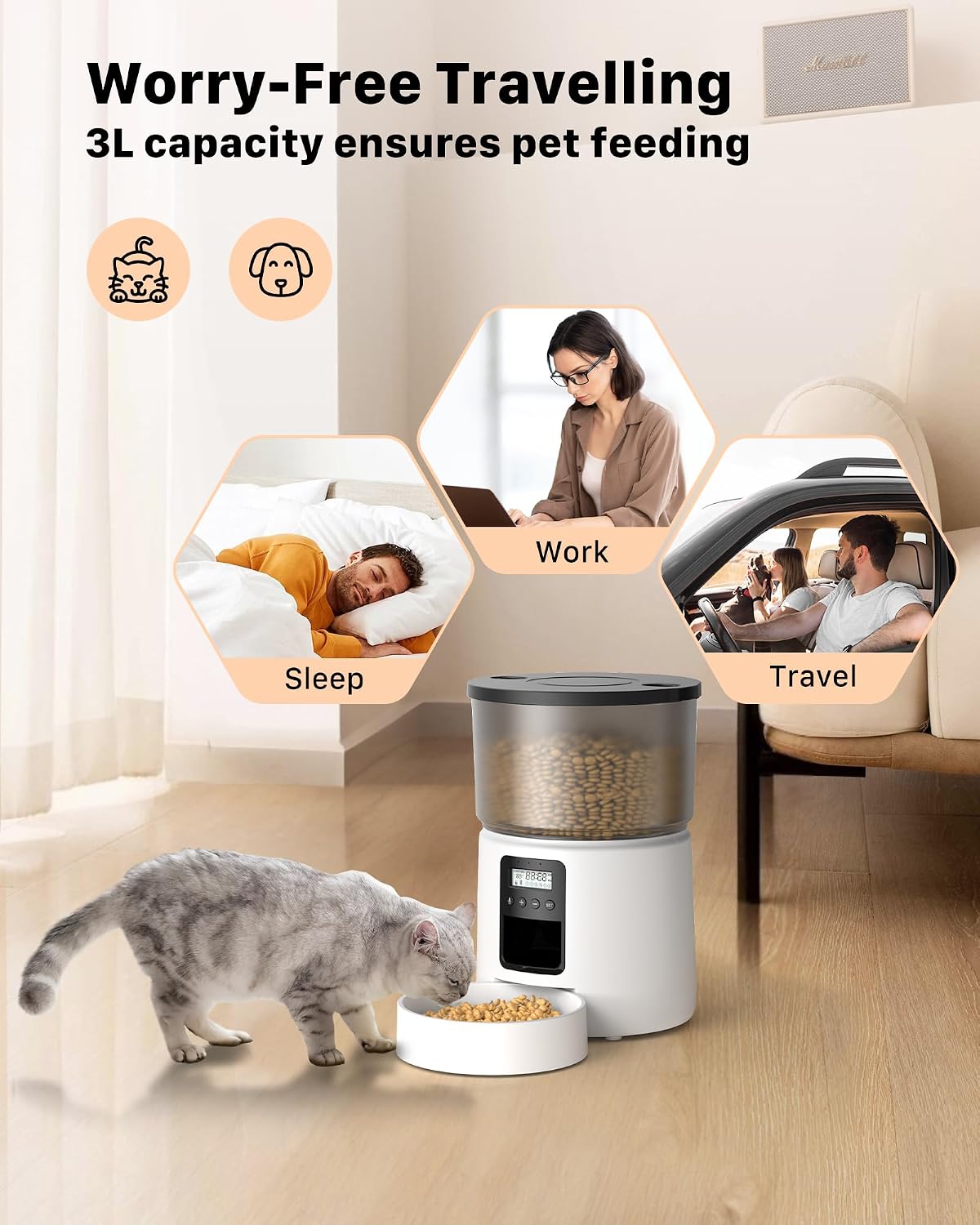 Detalle de BEMOONY Automatic Cat Feeder (3L) with 1–6 meal schedule, 10s voice and dual power